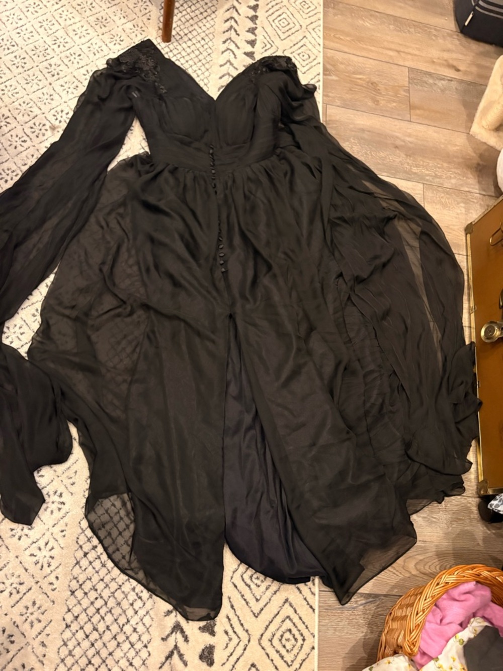 Source Unknown Black Flowing Chiffon Evening Gown with Sheer Sleeves